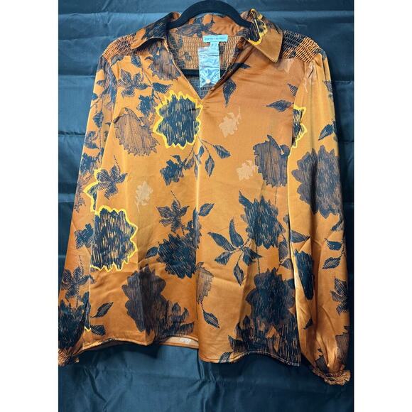 canyon retreat Tops - Canyon Retreat Black Floral Satin Blouse Rust Orange Long Sleeve VNeck Collar-XS